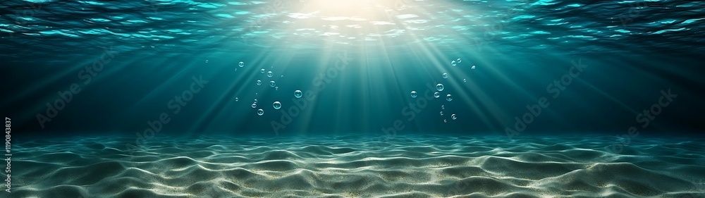 Wall mural a serene underwater scene illuminated by sunlight, showcasing gentle waves and bubbles rising toward