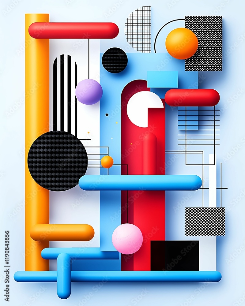 Poster a vibrant abstract composition featuring colorful geometric shapes and patterns, blending circles, l