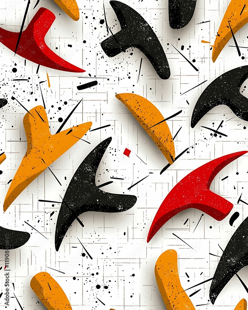 Poster abstract composition featuring colorful shapes in red, yellow, and black against a textured white ba