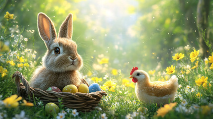 Easter bunnies and Easter eggs. Children's Easter illustration.