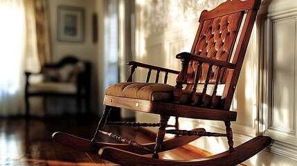 Rustic wooden rocking chair bathed in warm sunlight, adding a touch of vintage charm to any home interior. Perfect for evoking feelings of nostalgia, comfort, and relaxation.