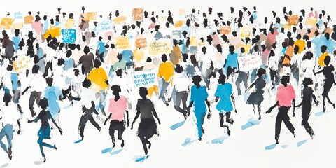 A vibrant illustration of a diverse crowd of people at a protest or rally, expressing unity and social action.