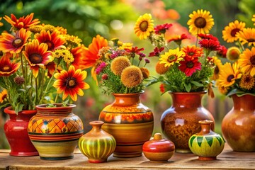 Obraz premium Vibrant Southwest Flowers in Hand-Painted Pottery Vases - Stock Photo