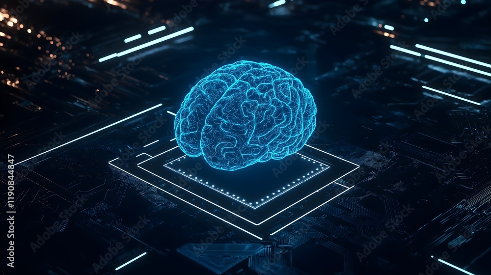 Poster digital brain: futuristic representation of a glowing brain in a digital circuit board, symbolizing 