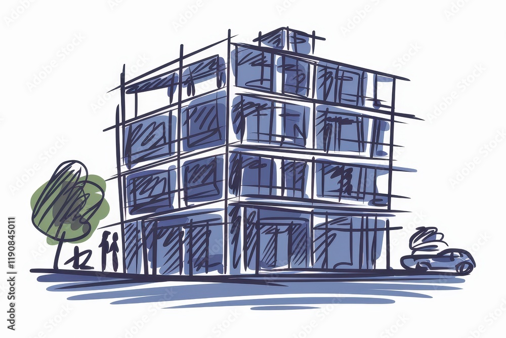 Poster sketch of a modern building with a car and tree