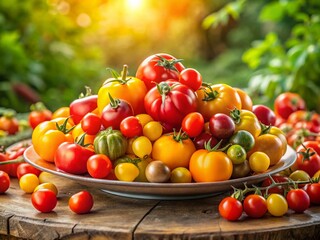 Vibrant Summer Tomatoes: Colorful Red & Yellow Heirloom Tomatoes on a Large Plate