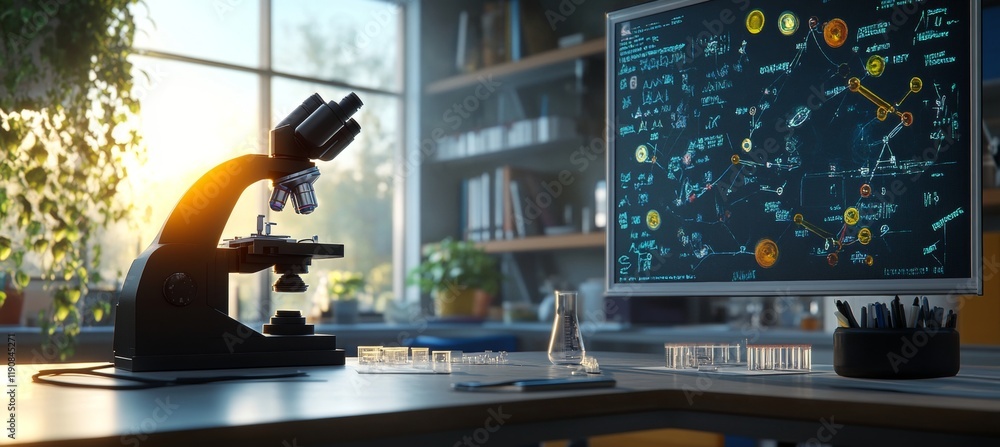 Aufkleber microscope stands on desk with formulas on monitor in modern light laboratory, background