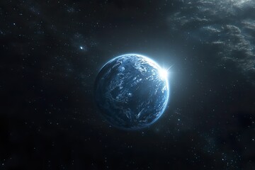 Obraz premium This is a space photography image of a beautiful blue planet that looks like Earth in a vast dark space with shining stars.