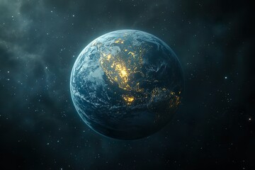 Obraz premium This is a space photography image of a beautiful blue planet that looks like Earth in a vast dark space with shining stars.
