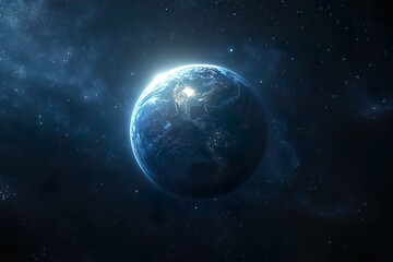 Obraz premium This is a space photography image of a beautiful blue planet that looks like Earth in a vast dark space with shining stars.