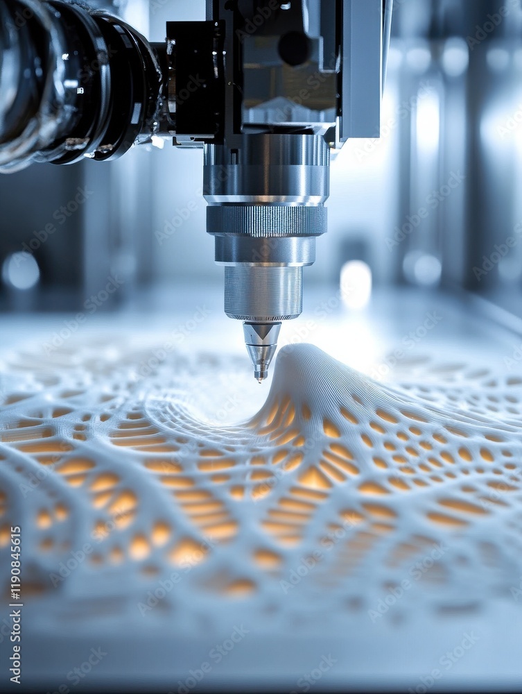 Poster a close-up shot of a 3d printer nozzle meticulously building a detailed prototype, with intricate pa