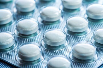 Macro Close-up of White Medical Tablets in Blister Pack - Pharmacy Healthcare Stock Photo