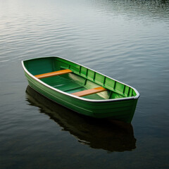 Obraz premium cute green boat floats gently on calm water, reflecting nature beauty