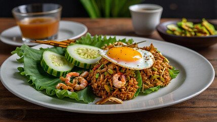Indonesian Fried Rice with Fried Egg and Shrimp - Traditional Asian Cuisine. Foto Nasi Goreng Spesial Estetik