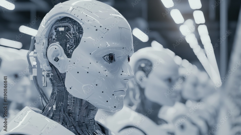 Poster engineers working at new ai prototype inside robotic factory - future, job and technology concept - 