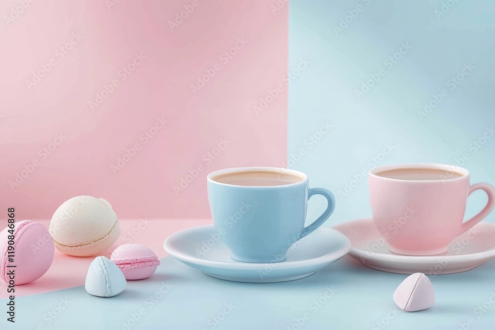 Poster stylized social media post featuring pastel colored cups of coffee and sweets on a simple background