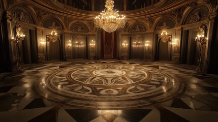 Obraz premium An elegant marble floor with intricate patterns, illuminated by a chandelier overhead, creating an atmosphere of grandeur