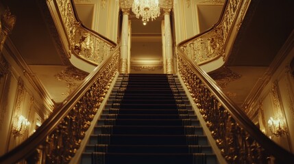 An opulent staircase with gilded banisters, leading up to a luxurious second floor with plush carpets and grand lighting