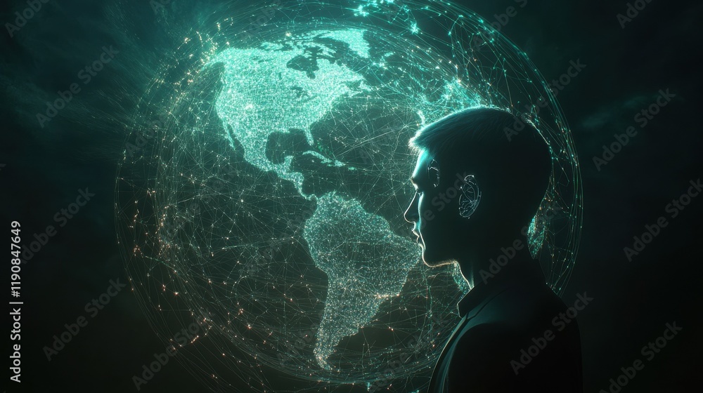 Poster a glowing ai-powered communication network visualized as a web of light across a digital globe, symb