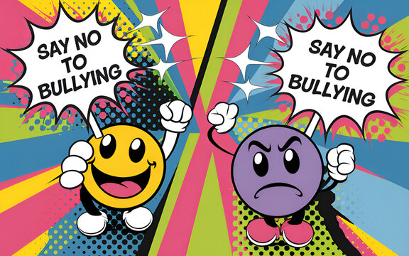 "No Bullying" message with angry and happy emoticons, symbolizing the fight against bullying and the promotion of kindness.