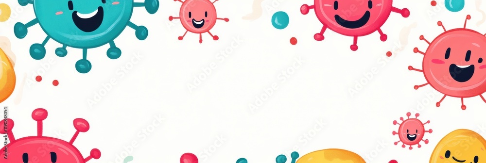 Poster Smiling cartoon microbes fill the frame with vibrant colors and joyful expressions in a playful design. Generative AI