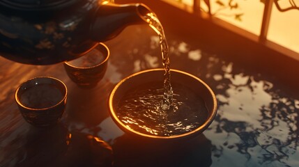 A close-up image of a teapot pouring hot tea into delicate cups, capturing a serene moment of calm