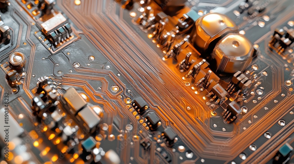 Poster detailed macro shot of a futuristic circuit board with metallic and orange elements, showcasing tech