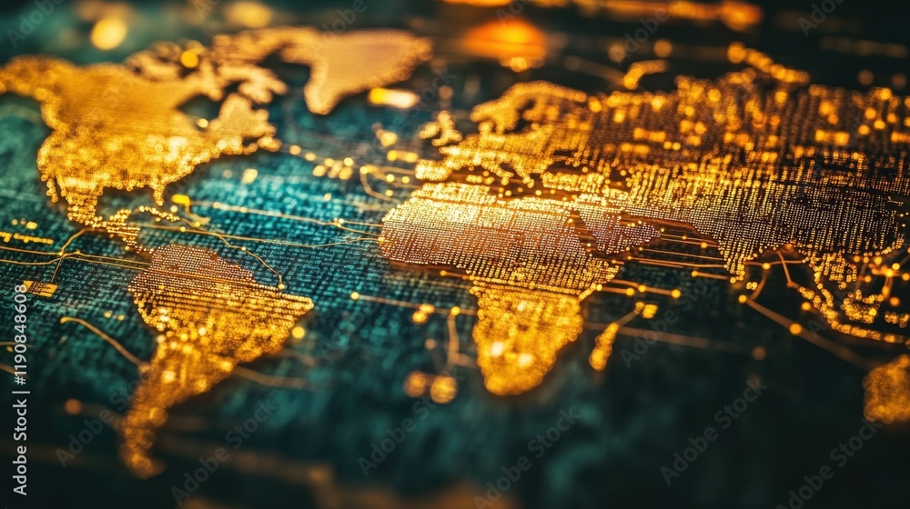 Poster world map with glowing data points and lines representing business expansion strategy, showcasing gl