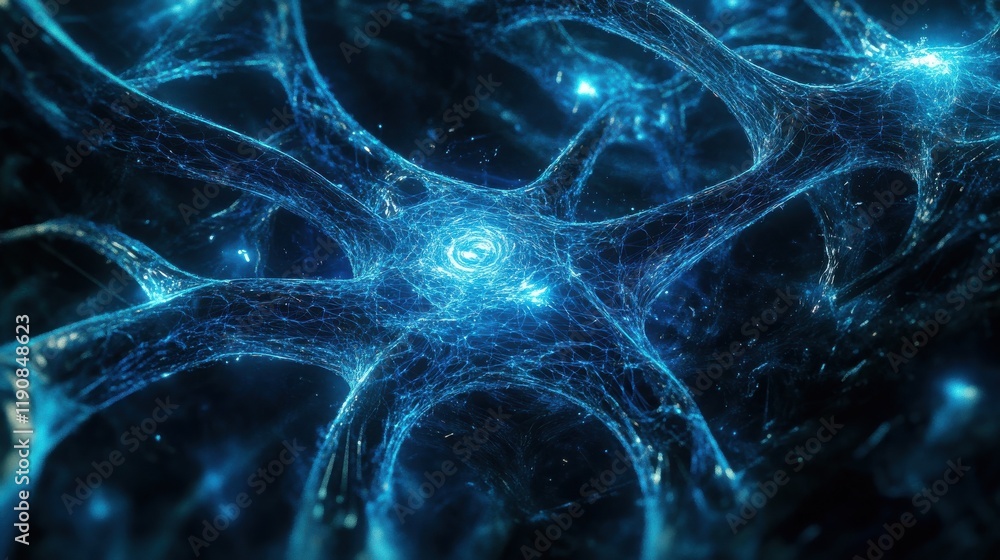 Poster global connectivity concept featuring a futuristic abstract network of glowing blue lines and nodes,