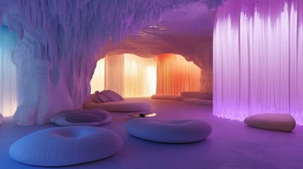 A futuristic luxury room design with holographic surfaces, illuminated with soft, ambient light that creates a luxurious and innovative vibe