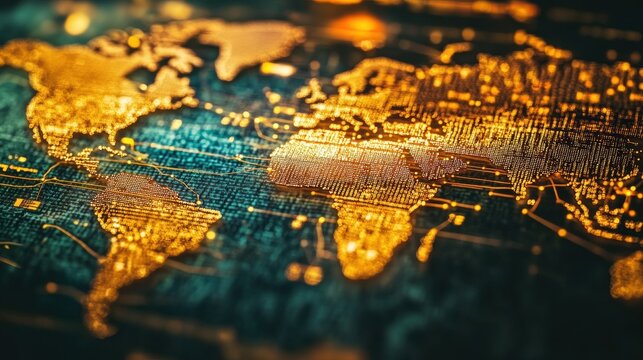 World map with glowing data points and lines representing business expansion strategy, showcasing global connectivity and growth opportunities