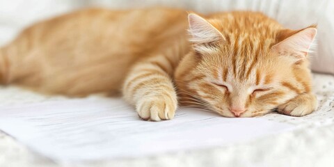 Fototapeta premium A peaceful orange cat sleeping on a soft surface with a document underneath.