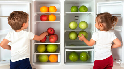 A home kitchen with a family teaching kids proper food storage in a refrigerator, safe temperature zones highlighted, selective focus on the fridge shelves, copy space for text, ultra HD, 