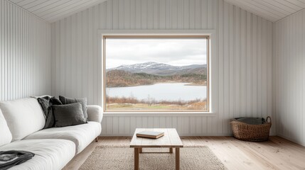 Fototapeta premium A serene living room features a cozy sofa, simple decor, and a large window showcasing a tranquil view of mountains and a lake.