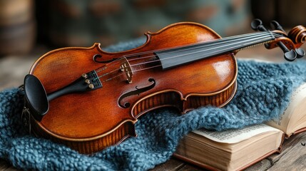 Violin Resting on a Cozy Blanket with Open Book in Rustic Setting