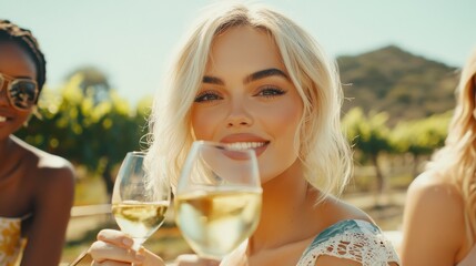Happy adult friends having fun drinking white wine and eating together with vineyard in background - Multiracial people doing dinne at summer time in countryside resort - Main focus on blond girl fac