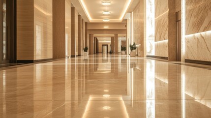 Naklejka premium A grand luxury hallway with polished marble floors and a stunning marble wall, illuminated by soft lighting to create a refined atmosphere