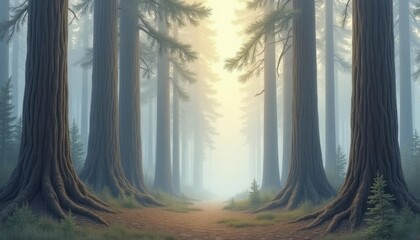 Misty forest with towering trees and sunlight shining through the dense fog creating a serene view