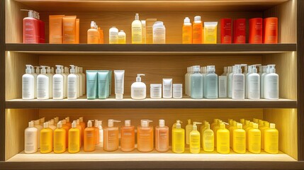 Shelves with various skincare and haircare products in a store.