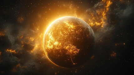 Obraz premium Golden planet surrounded by cosmic stars. Generative AI