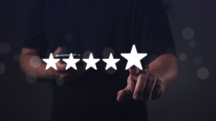 Customer hand touch Satisfaction  5-Star Reviews for Business Success.Quality service, positive ratings, and results that drive company growth and success.