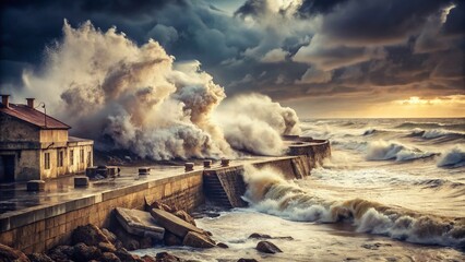 Fototapeta premium Vintage Coastal Cyclone: Eroded Beaches & Crushing Waves on Seawalls