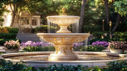 A luxurious marble fountain with golden accents, situated in the center of a royal courtyard, surrounded by lush gardens