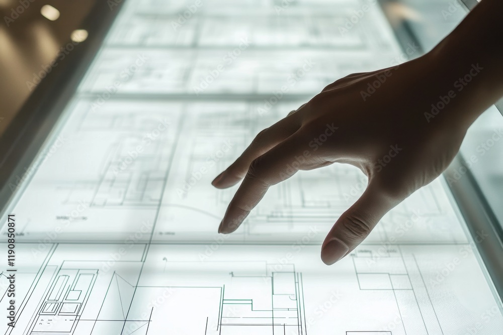 Poster hand interacting with architectural blueprint display