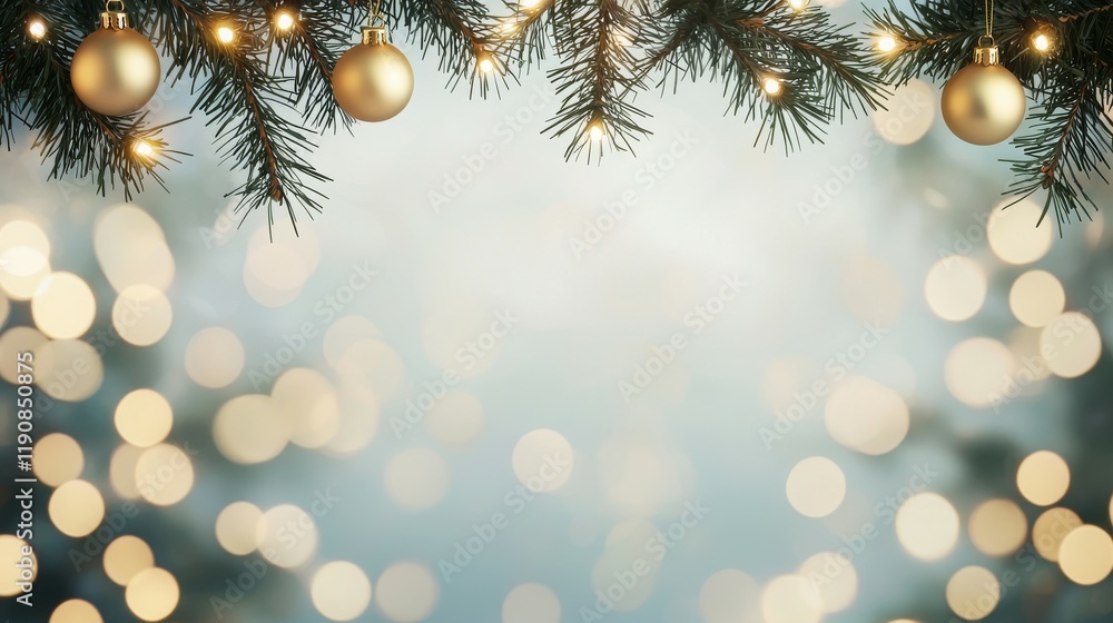 Poster a festive background featuring evergreen branches and golden ornaments with a bokeh effect.