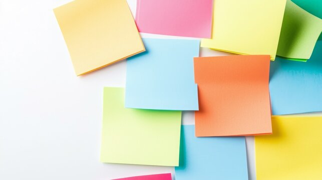 A colorful assortment of sticky notes scattered on a white surface, ideal for reminders and organization.