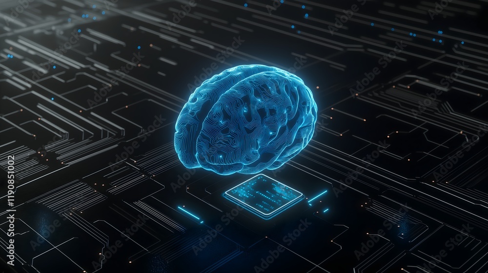Poster brain in digital realm: a luminous, digital representation of a human brain hovers over a high-tech 