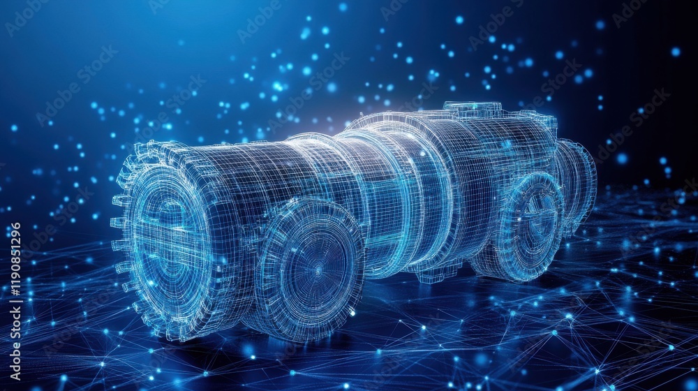 Poster a digital representation of a vehicle, showcasing futuristic design elements through a blue, glowing