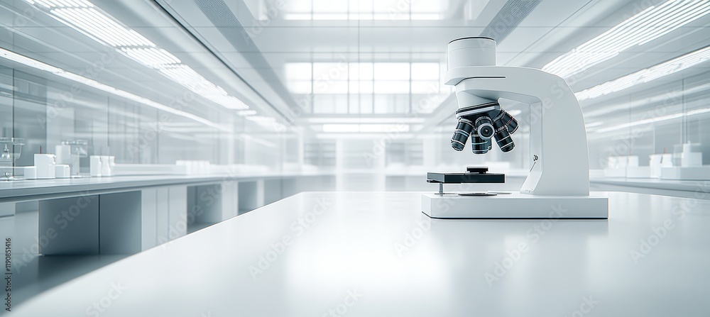 Poster white microscope in bright scientific laboratory with clean area and copy space on table