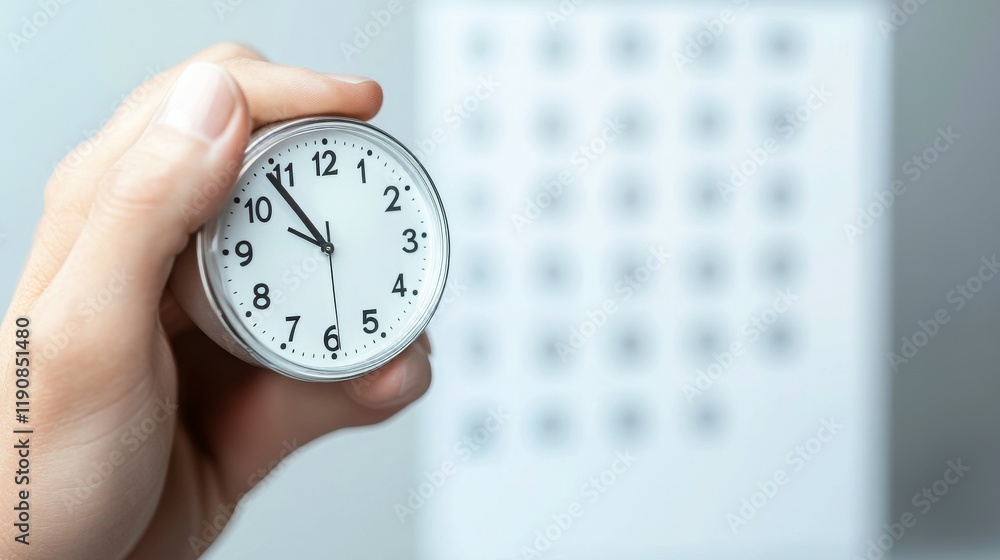 Poster a person holding a clock with a blurred grid of numbers in the background.